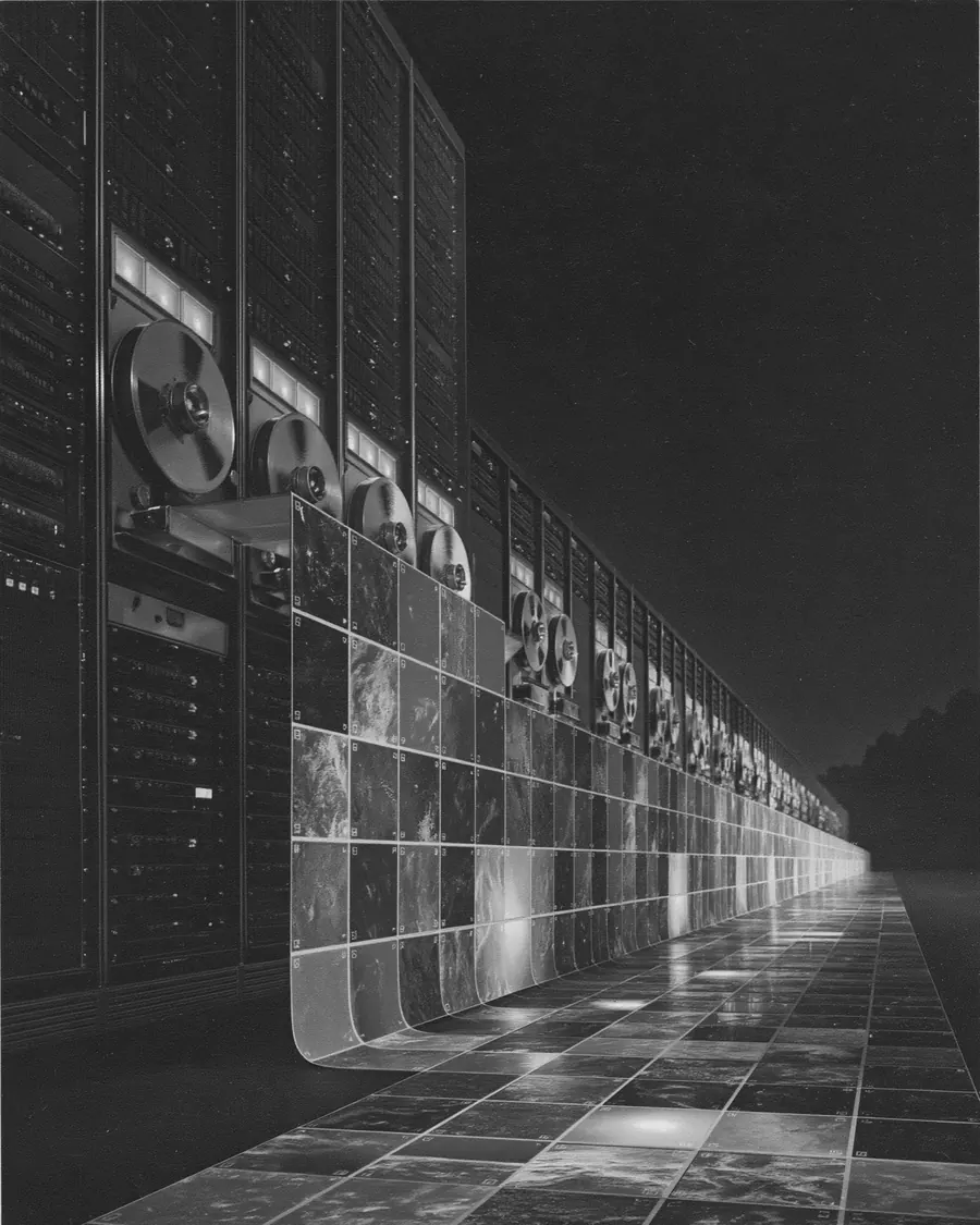 Illustration: a corridor of tape-reel data racks stretching to the horizon, tiled with satellite images of Earth.