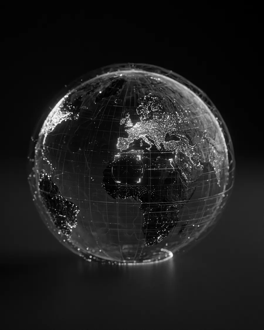 Illustration: a wireframe globe in the dark, Europe and Africa picked out in points of light.