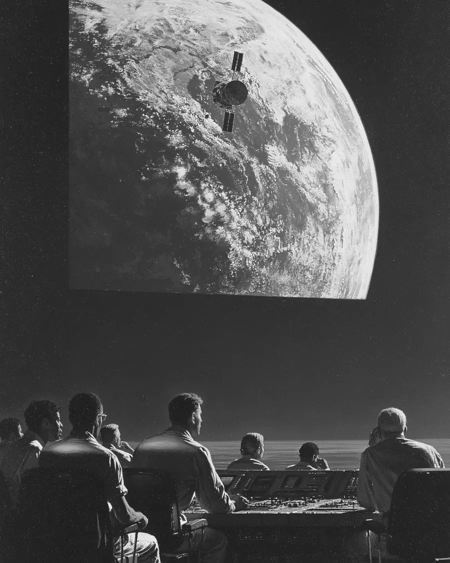 Illustration: a seated group at a control console watching a vast projection of Earth with a satellite in orbit, a crescent moon above.