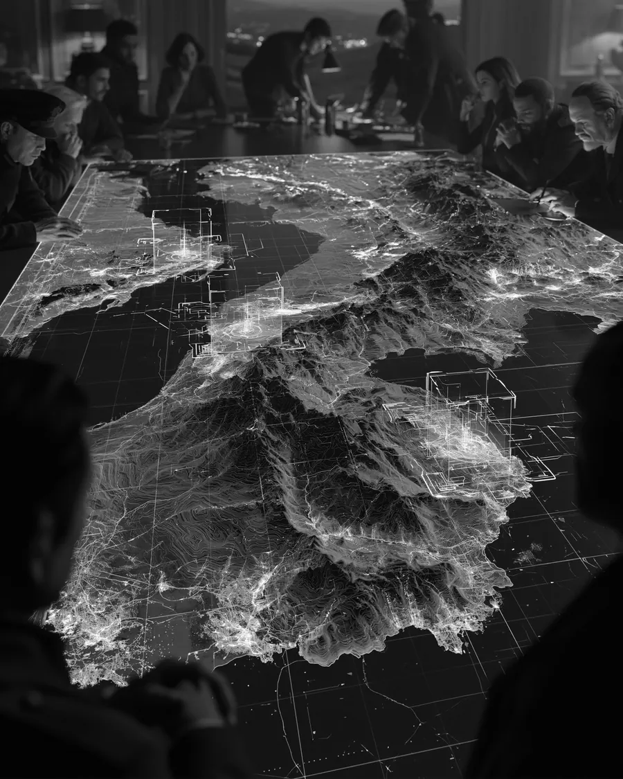 Illustration: a group gathered around a lit three-dimensional terrain map picked out in contour and relief.