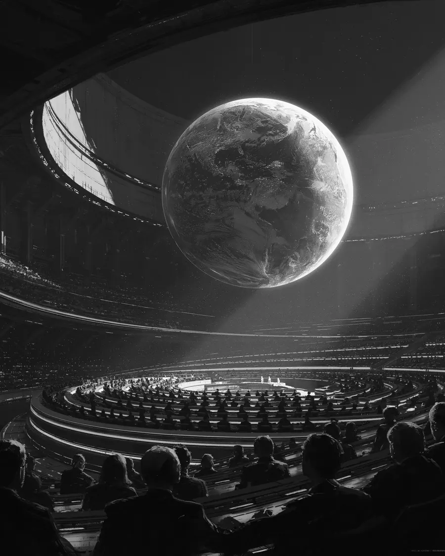 Illustration: delegates seated in a curved assembly chamber, Earth visible through the window above.